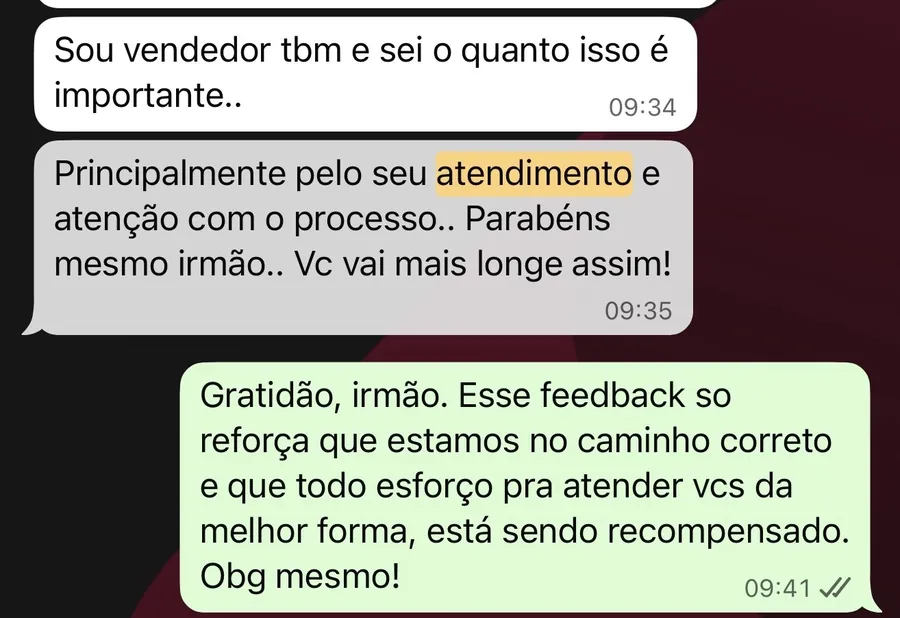 Mensagem real de cliente sobre atenção durante o processo