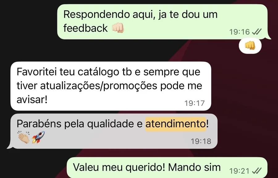Mensagem real de cliente sobre catálogo, qualidade e atendimento