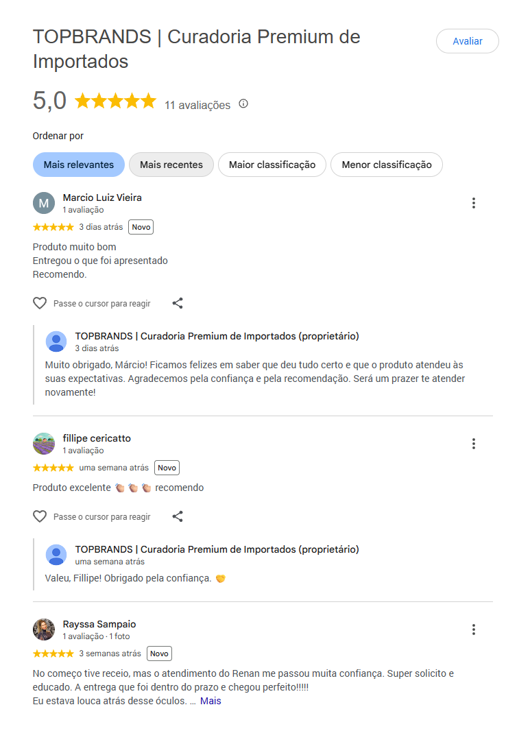 Captura limpa do perfil da TOPBRANDS no Google mostrando nota 5,0 e avaliações reais