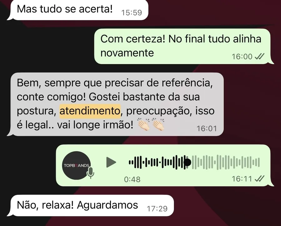 Mensagem real de cliente validando a postura no atendimento