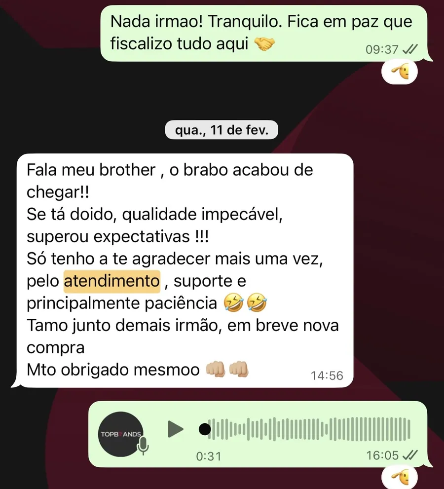 Mensagem real de cliente sobre qualidade, suporte e intenção de recompra