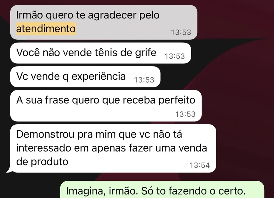 Mensagem real de cliente elogiando a experiência de compra